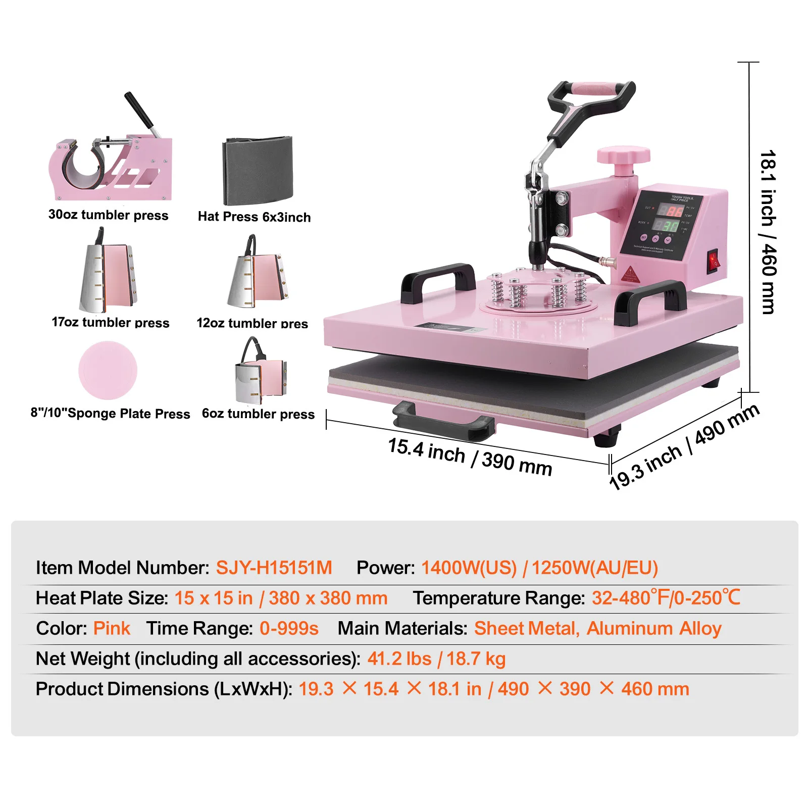 SucceBuy Warmtepersmachine 12x15 inch 8 in 1 Warmteoverdrachtmachine 360 °   Swing Away T-shirt voor T-shirts/mokken/hoeden/platen roze