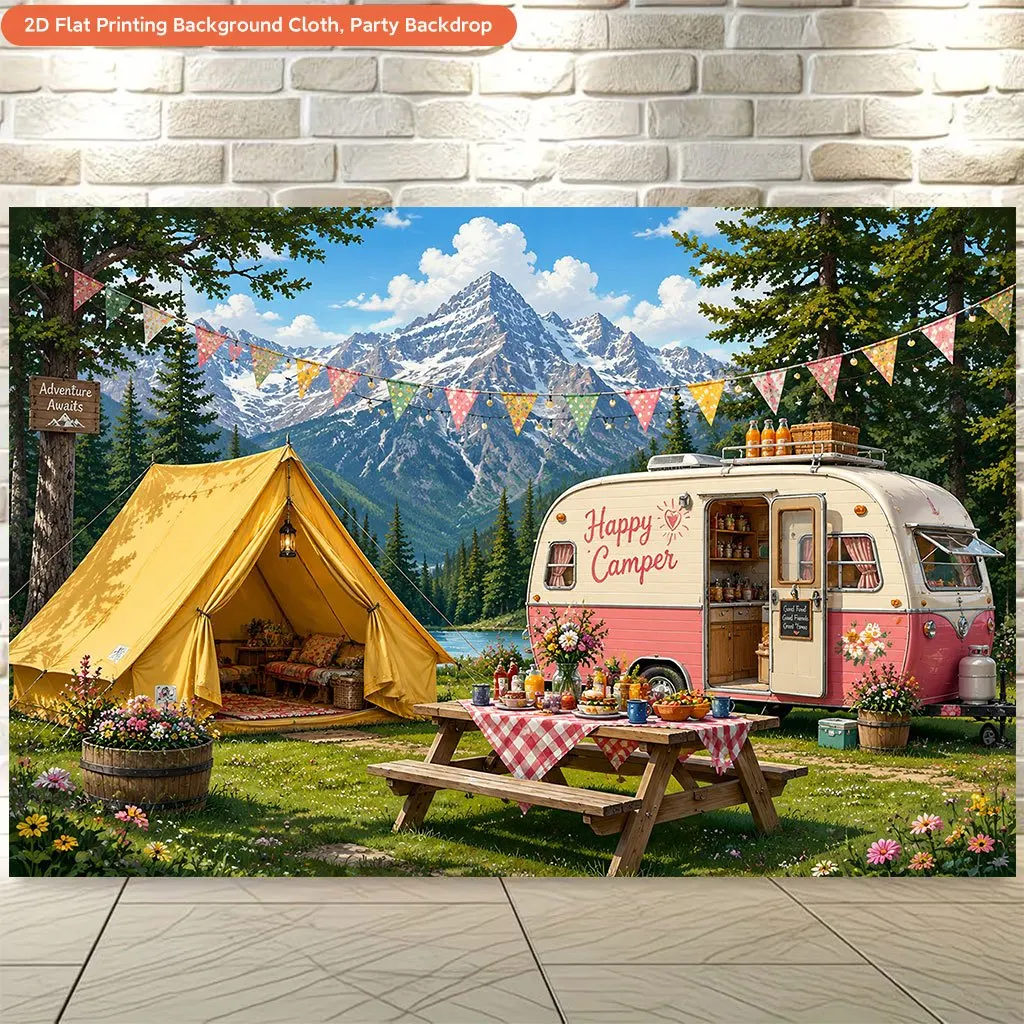 Retro Camper Van Mountain Camping Scene Tapestry 2D Flat Printing Wall Hanging Backdrop for Outdoor Party HomeDecor AdventureArt