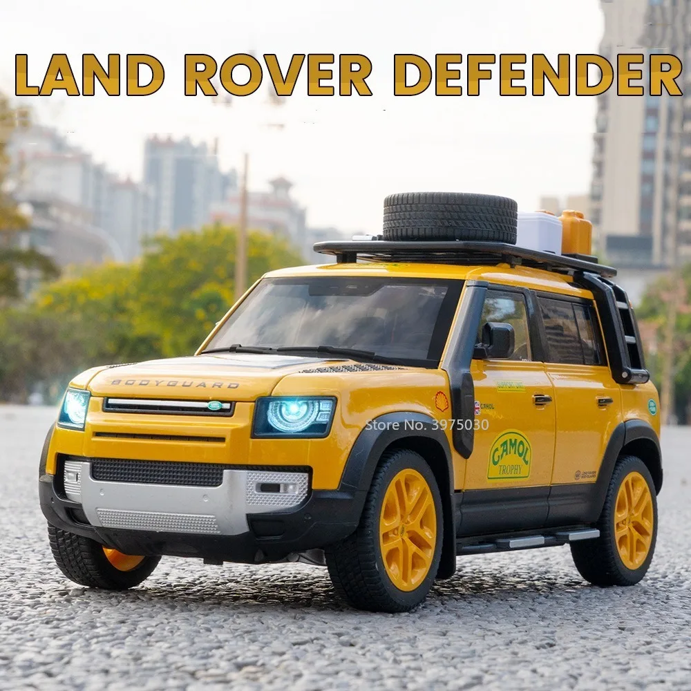 

1/18 Land Rover Defender 110 Игрушечная модель автомобиля из сплава с поднятием под давлением, пластиковое шасси, резиновые модели автомобилей, подарки на день рождения