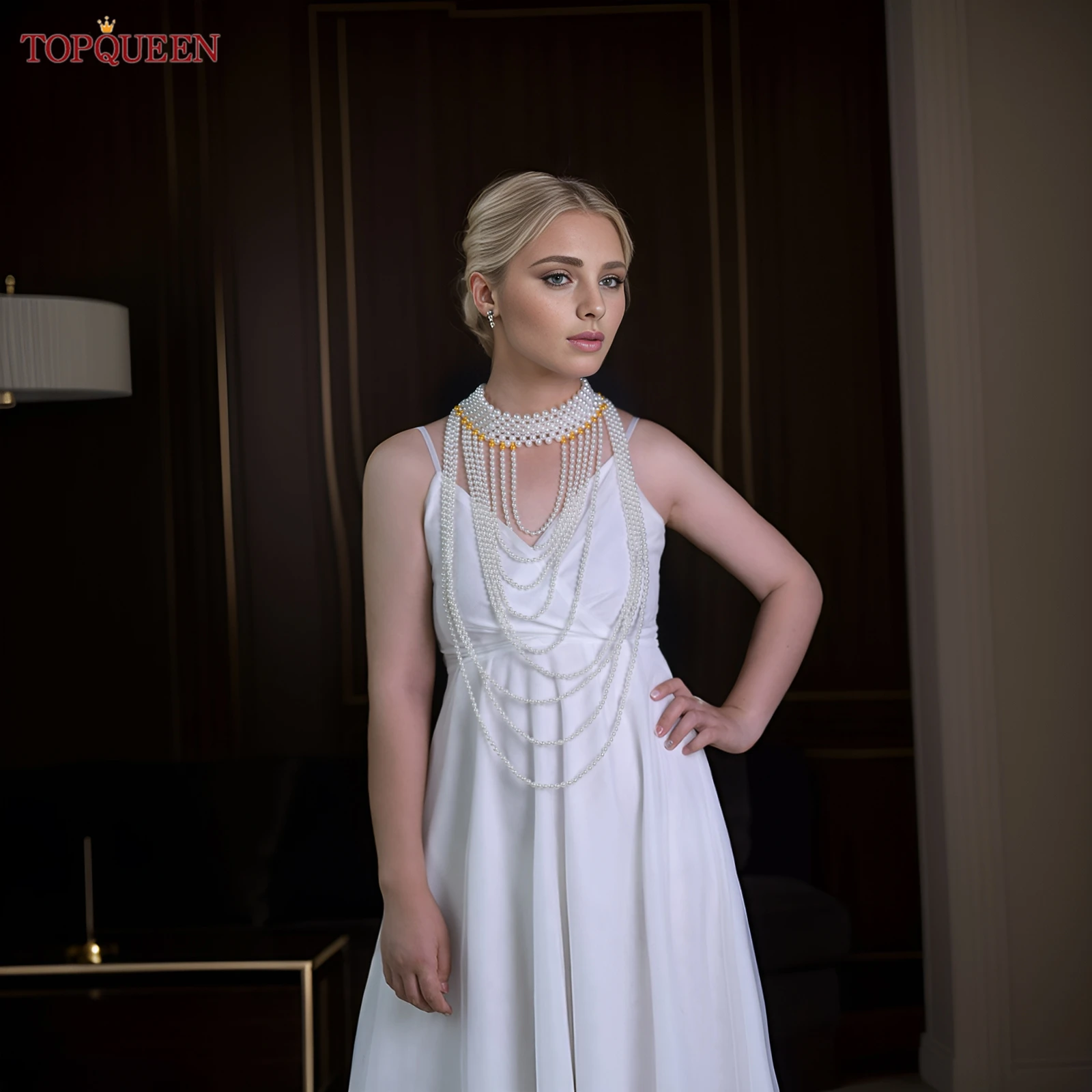 

Женский короткий топ TOPQUEEN с жемчужными бусинами, свадебная накидка-болеро, роскошные свадебные аксессуары для вечеринки VG102