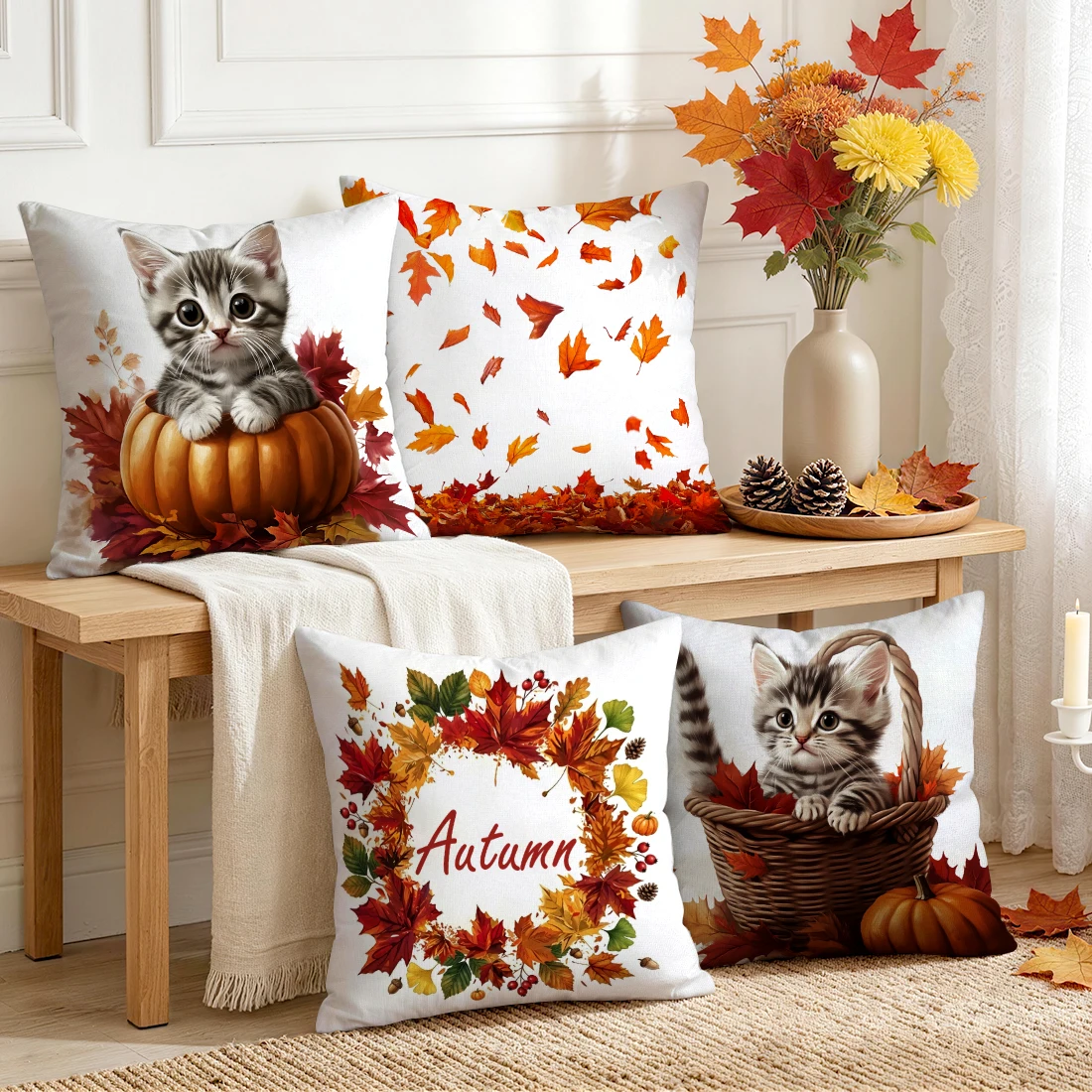 1pcs/4pcs Autumn Kitten Maple Leaves Cushions Pillowcase Polyester Cushion Cover Throw Pillow Pillowcover Home Car Sofa Decor