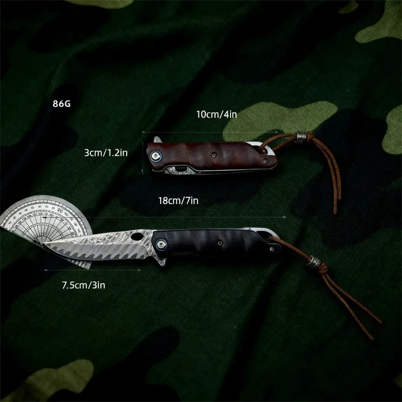 Hand-Finish High Hardness Damascus Steel Folding Knifewith Wood Handle Compact Portable Multipurpose Knives,Multi Functional Outdoor Camping Tool for Hiking