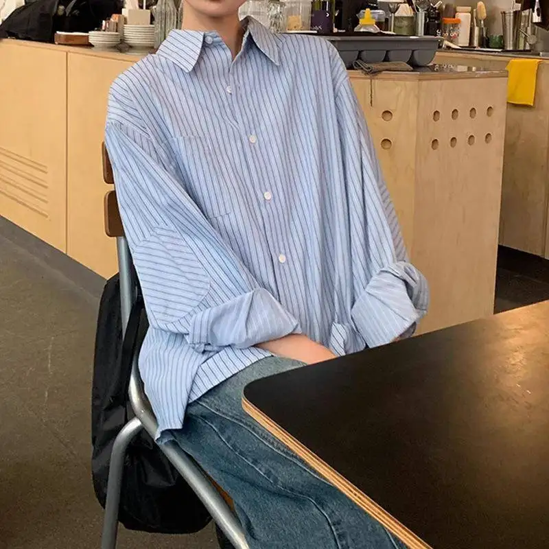 Camicetta Primaverile a Righe Blu per Donna, Stile Coreano, Maniche Lunghe, Casual e Dolce