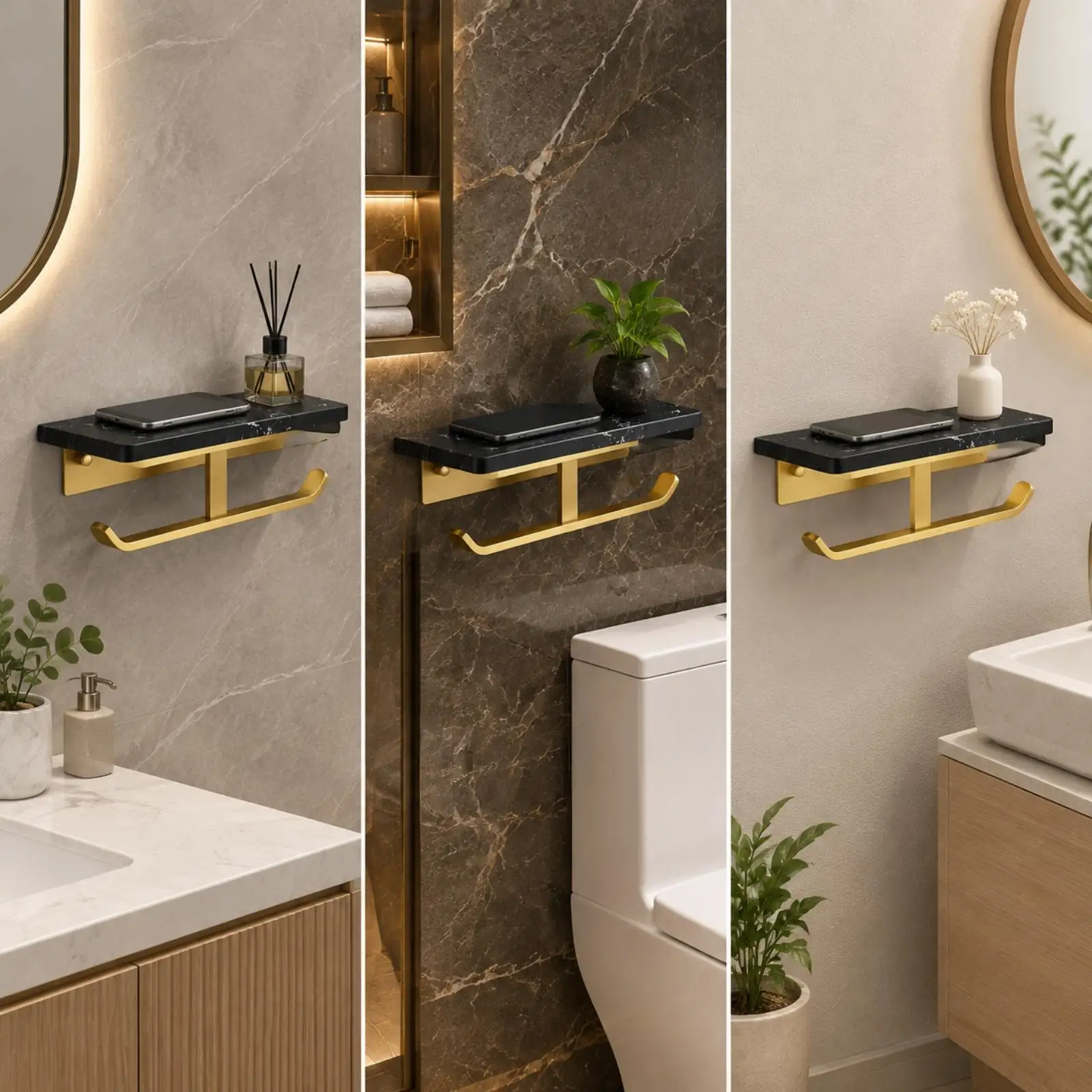 No Drill Toilet Paper Holder with Shelf Marble Pattern Gold Finish Bathroom Tissue Rack Waterproof Storage Organizer for Small