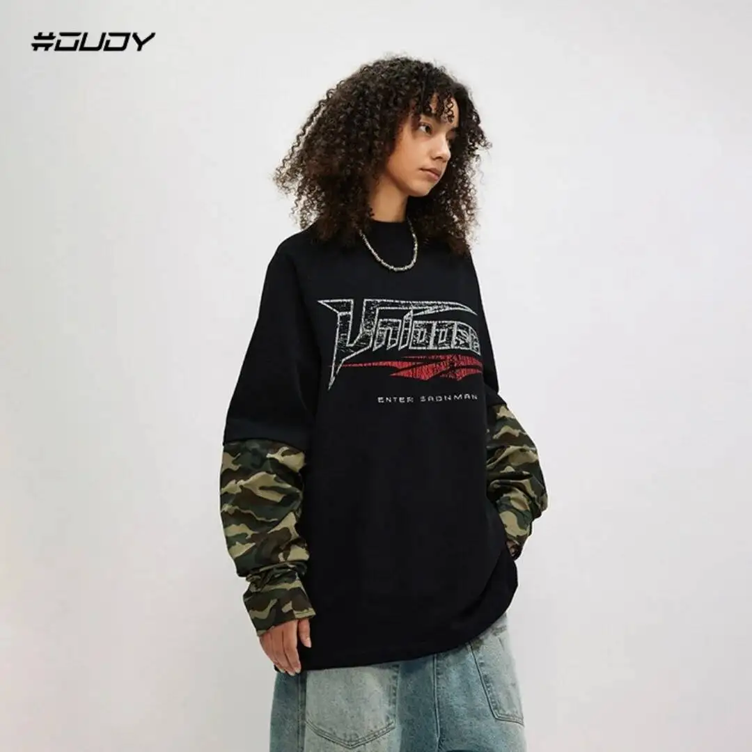 Unisex Hip Hop Long Sleeve T-shrit Letters Print Fake Two Piece Base Layer Printed Camouflage Patchwork Men's Long Sleeve Top