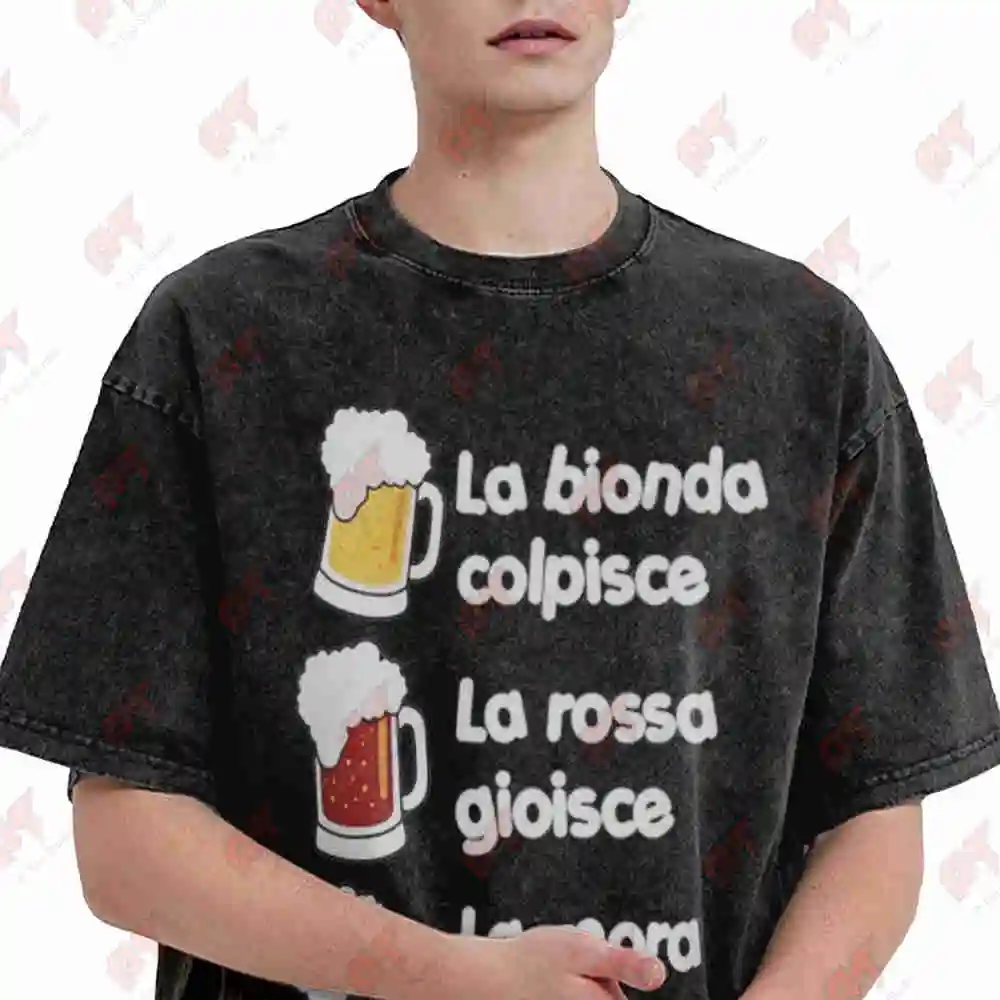 Italian Drinking Saying Beer Mug Vintage Washed Tee Pure Cotton T-Shirt