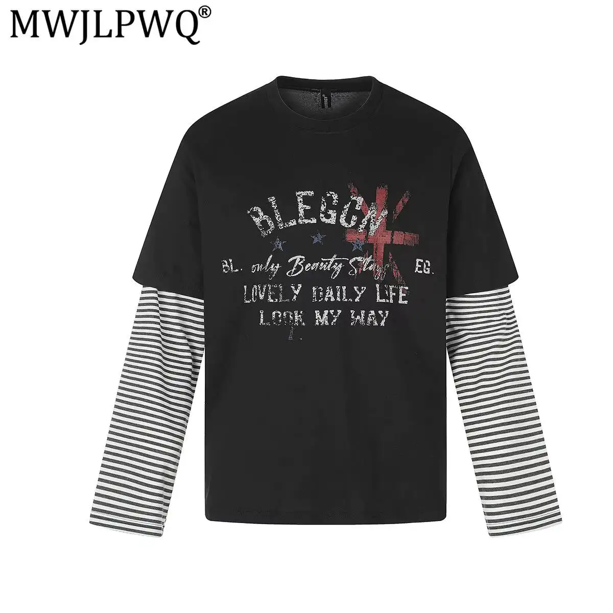MWJLPWQ 2026 Autumn New Street Style Striped T-Shirt Male Faux Two-Piece Washed Vintage Tee Round Neck Base Tops Autumn 20073