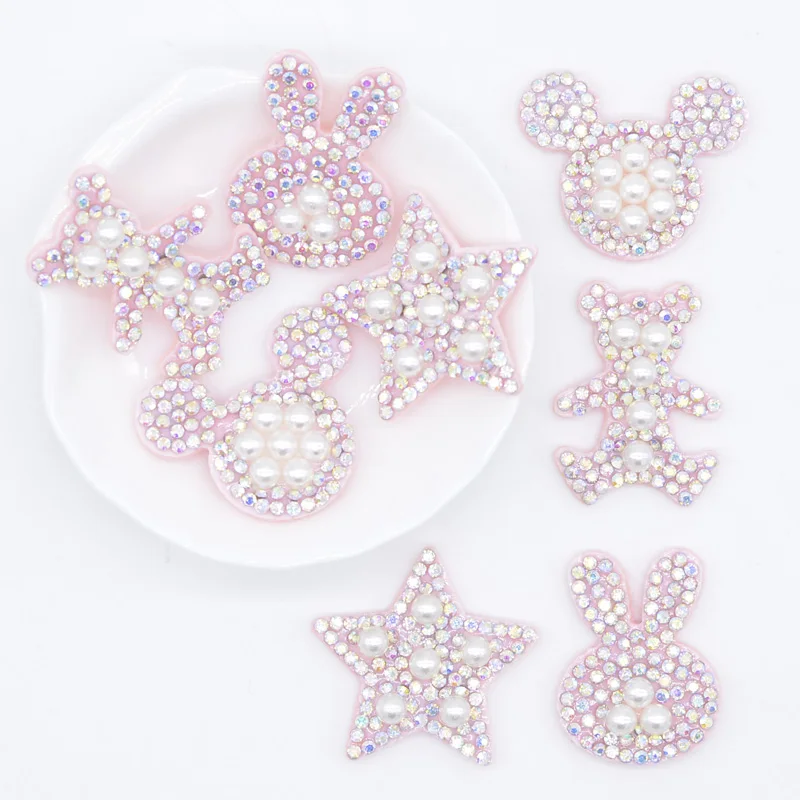15Pcs Padded Rhinestone & Pearl Star Mouse Rabbit Bear Applique for DIY Clothes Hat Shoes Headwear Hair Clips Decor Patches