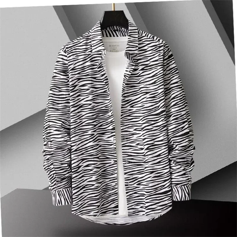 Zebra Striped Print Shirt for Men Luxury Designer Clothes Korean Cotton Nightclub Party Social Dress Shirts Male Chemise Top 6XL