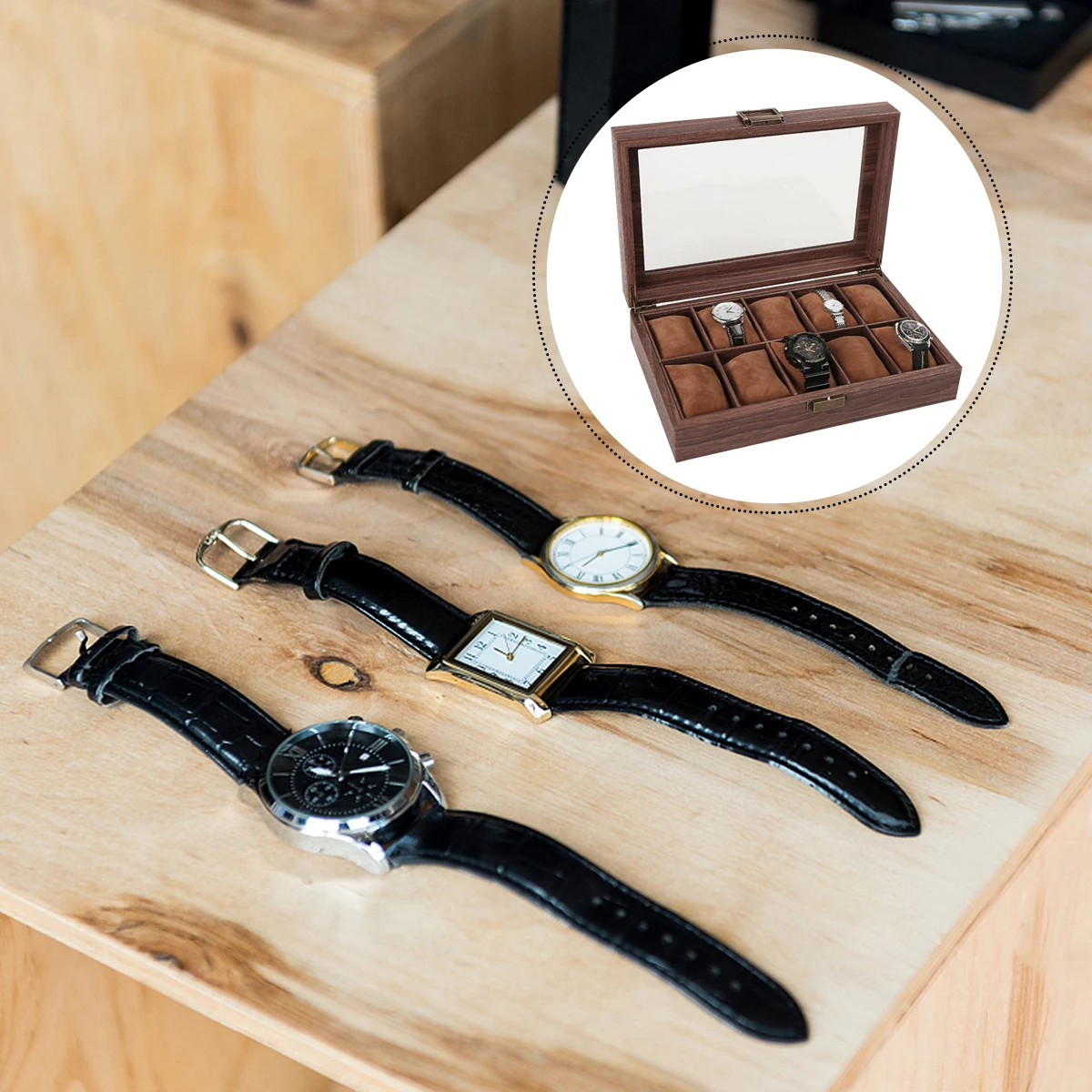 

10 Slots Coffee PU Jewelry Display Organizer Watch Case Display Case Open Window Jewelry Organizer Storage Watch Holder