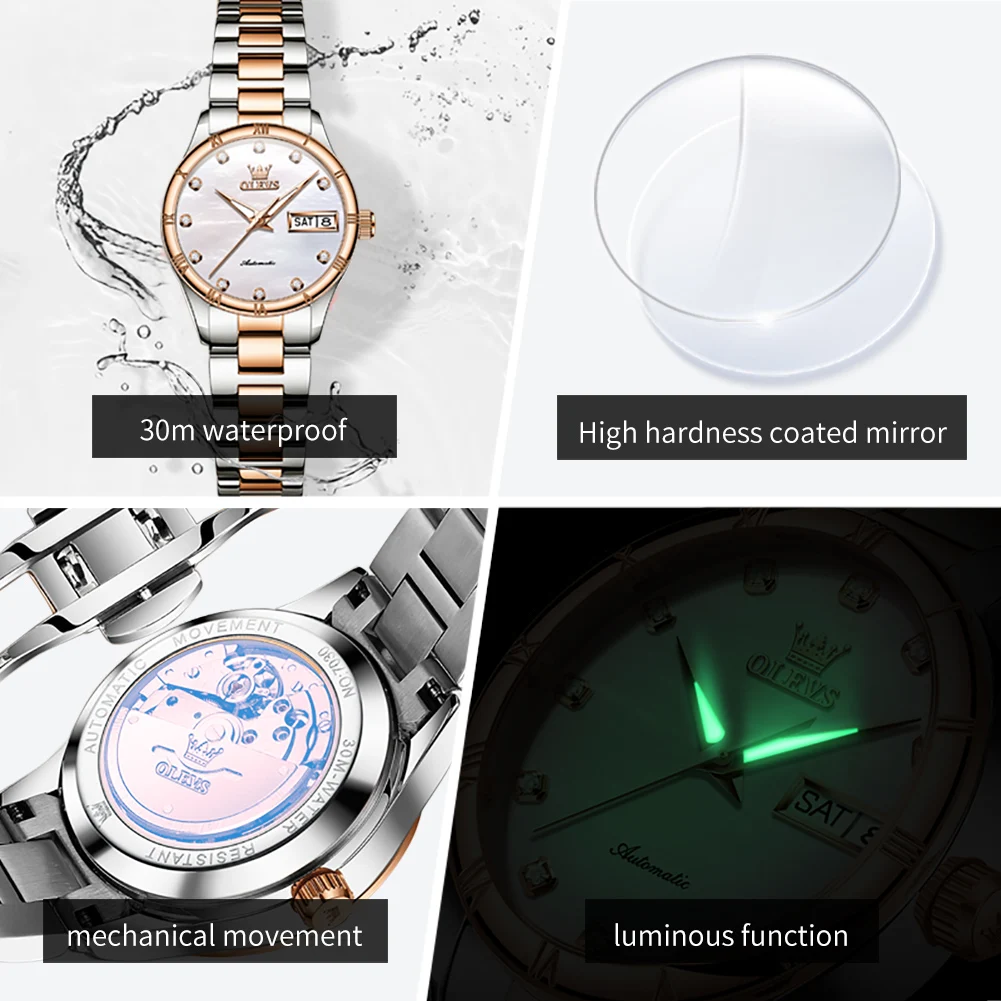 OLEVS Women\'s Watches Elegant Fashion Original Automatic Mechanical Watch Waterproof Luminous Gift for Girl Stainless Steel New