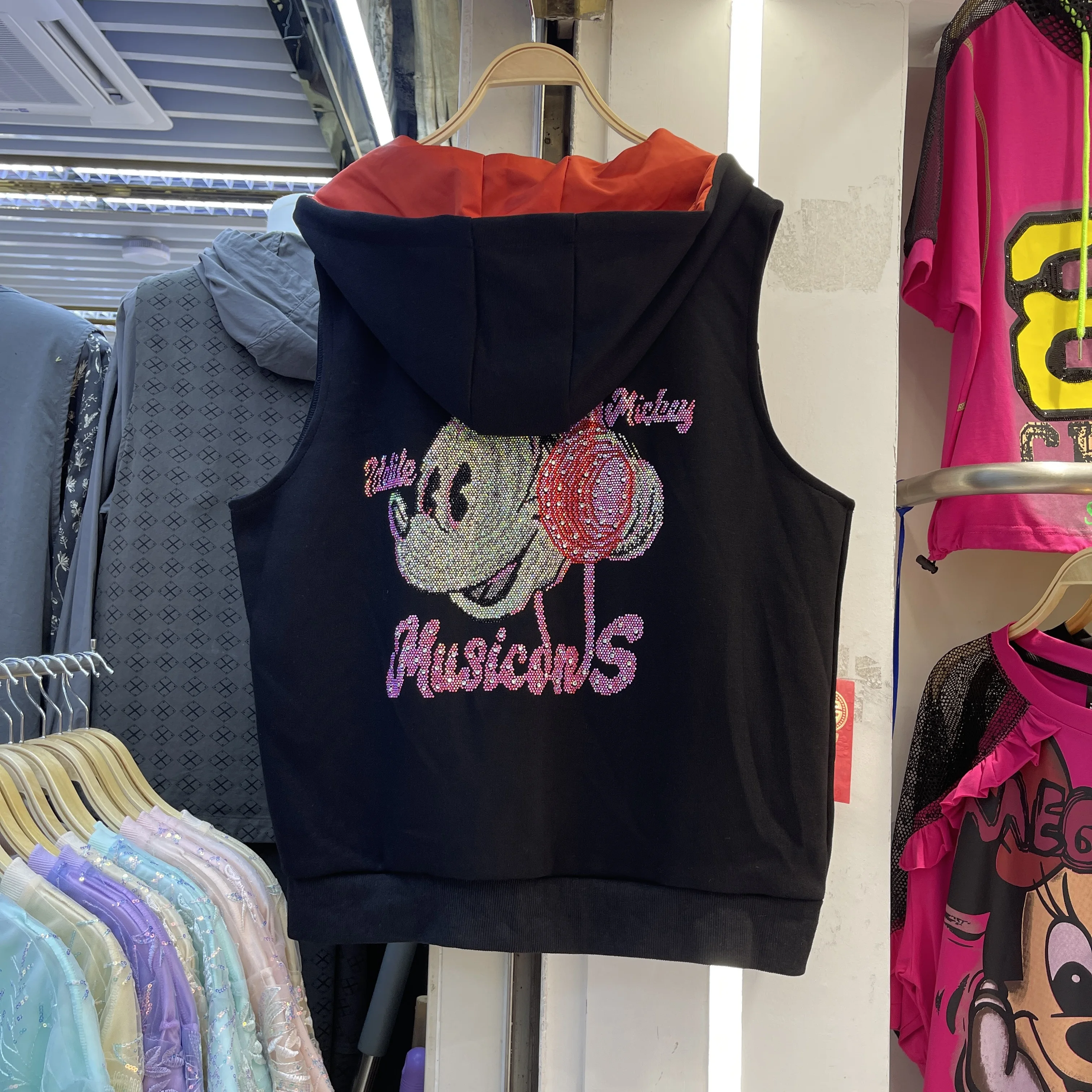 Hooded Vest for Women Spring and Autumn New Korean Fashion Versatile Loose Cartoon Rhinestone Vest Zip Up Sleeveless Jacket