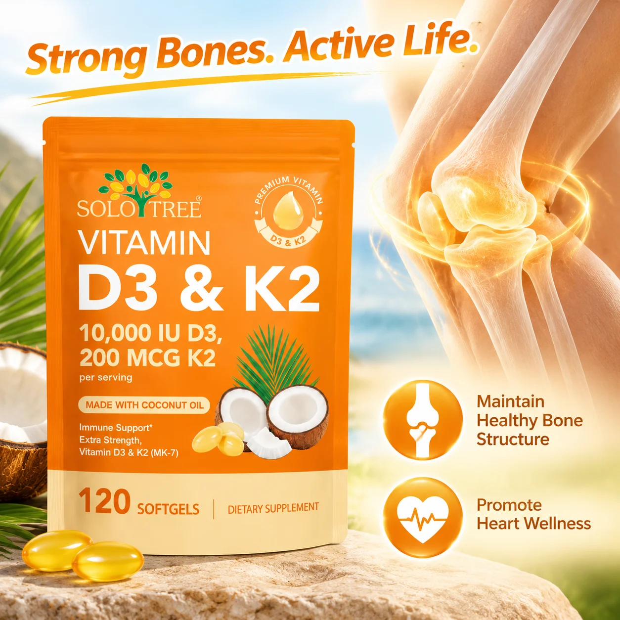 Vitamin D3 K2 Softgels Maintain Healthy Bone Structure Improve Joint Flexibility Promote Heart Wellness Enhance Energy 120 Pcs