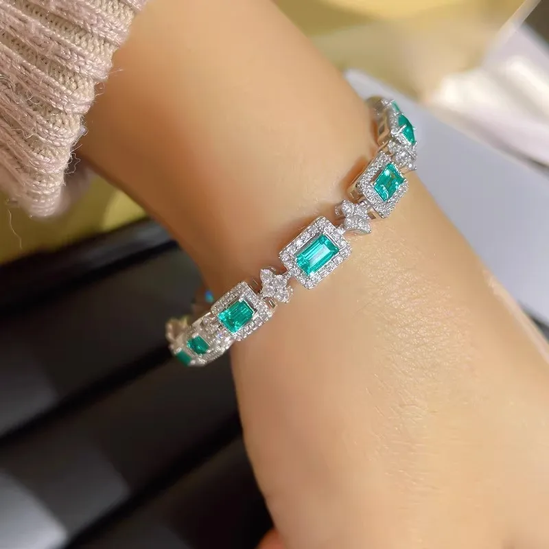 Luxury Silver Color Palaiba Bracelet for Women Girls 17cm Long Popular Emerald Tourmaline Bracelet Wedding Party Jewelry Gift