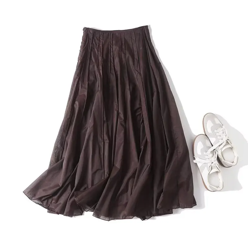 Dave&Di Woman Clothees Minimalist Mesh Splicing Temperament Elegant Skirt French Retro High Waist Casual A-line Skirts Women