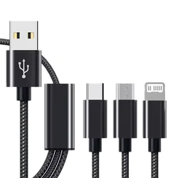 USB 고속 충전 브레이드 케이블, 애플 아이폰 XS MAX XR 6 7 8 11 삼성 S20 S10 화웨이 C 타입 라인 마이크로 USB-C 와이어 코드, 3 인 1