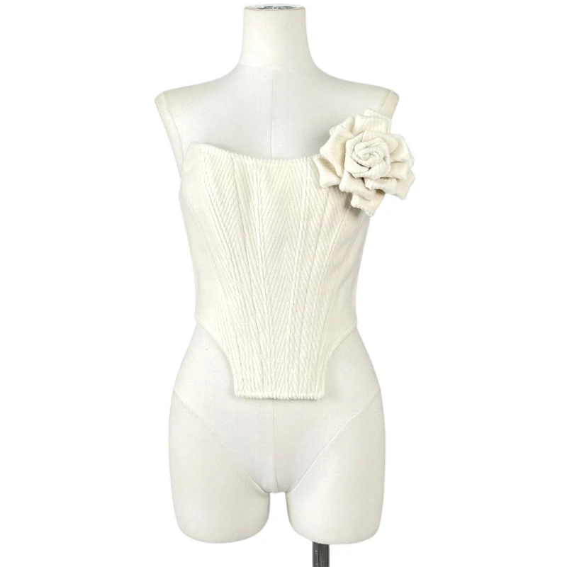 

Woolen Herringbone Pattern Dignified Flowers Fishbone Tube Top Vest Jacket White