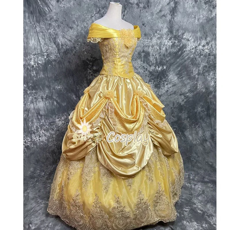 New Arrival Luxury Princess Dress Halloween Carnival Party Belle Dress Cosplay Costume Lace Up Yellow Fancy Dress