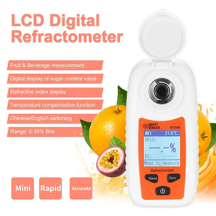 ST335A Digitales Zucker-Brix-Refraktometer, Brix-Messgerät, automatischer Temperaturkompensationsbereich 0–35 % für Obst, Saft, Getränke