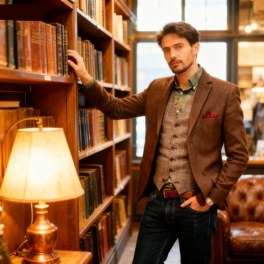 

Men's Brown Tweed Blazer Whalebone Sashing Dance Tweed Wool Chest Unique 1 Buttons Business Or Home Jacket