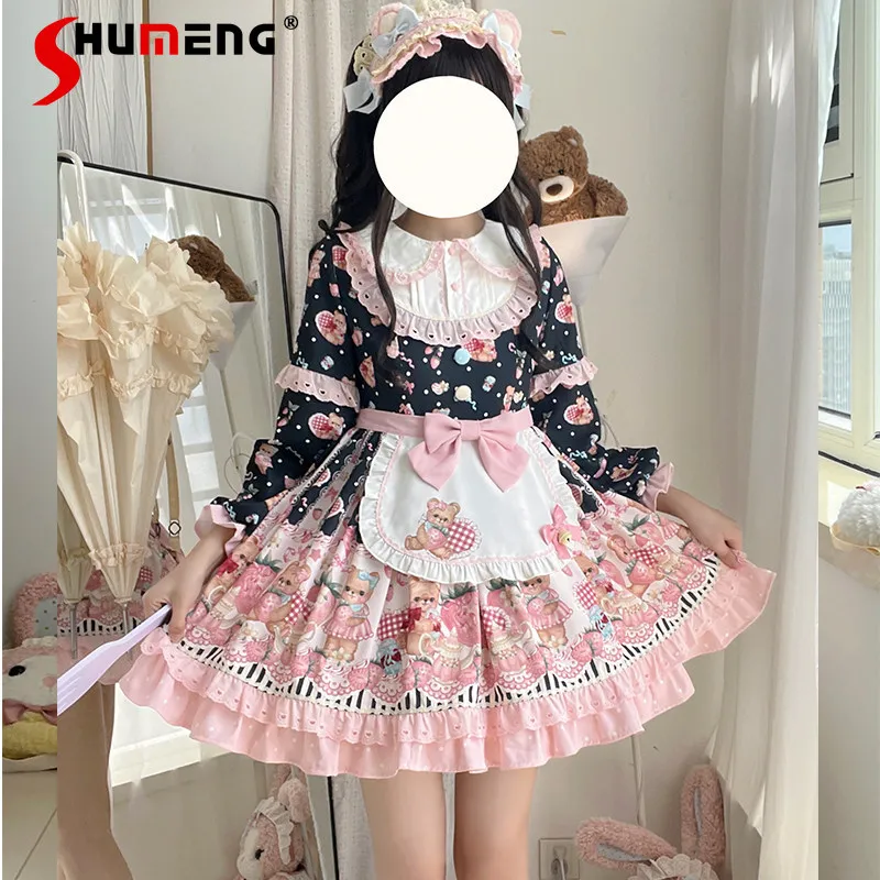 

Original Japanese Style Cute Sweet Girl Heart Strawberry Lolita Dresses Doll Collar Long Sleeve Bow Kawaii Short Dress for Women