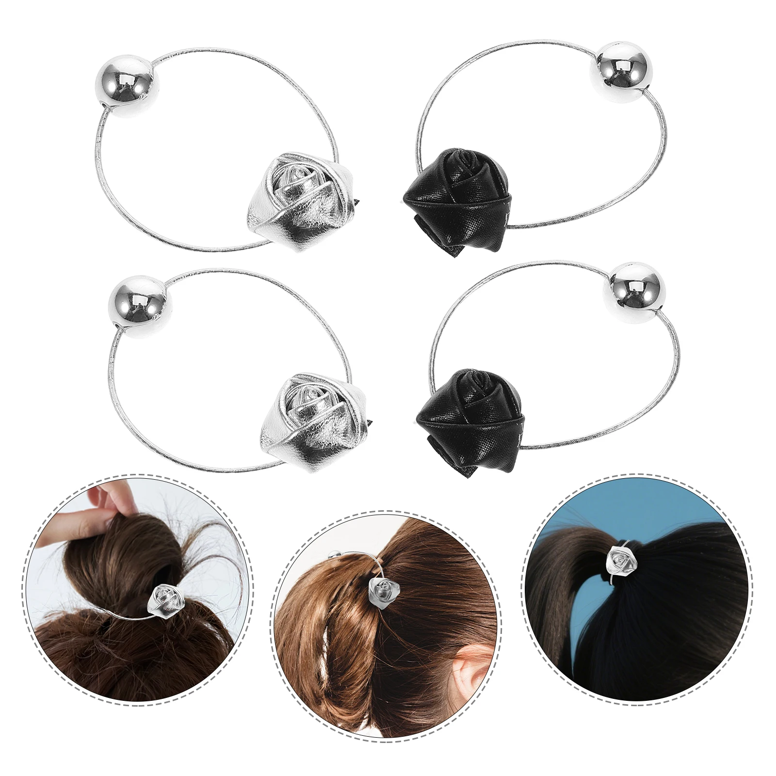 

4 pcs Rose Flower Hair Ties Elastic Women Black Silver Color Decorative Scrunchies For Girls Everyday Use Floral Hair