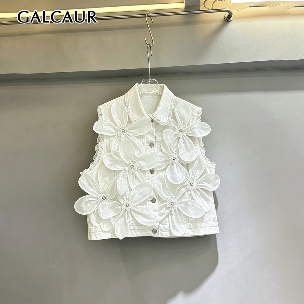 

GALCAUR Solid Spliced 3D Floral Loose Jackets for Women Lace Lapel Neck Sleeveless Patchwork Single Button Outer Vest Female New