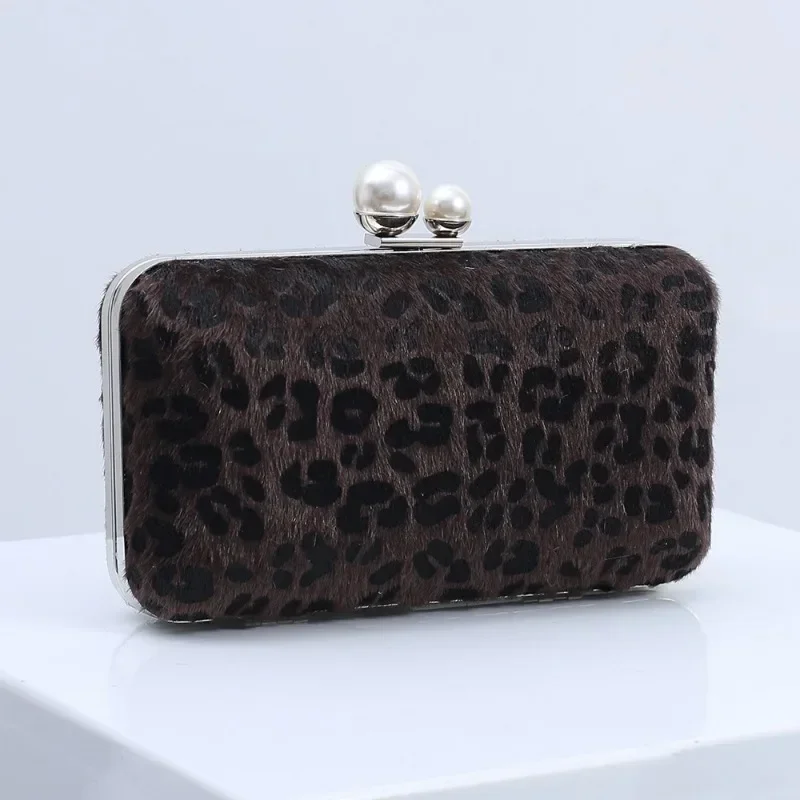 

Leopard Small Evening Bags Women Fashion Fuzzy Party Cloth Bag Cocktail Dress Pearl Close Brown Clutch Purse Cute Handbag