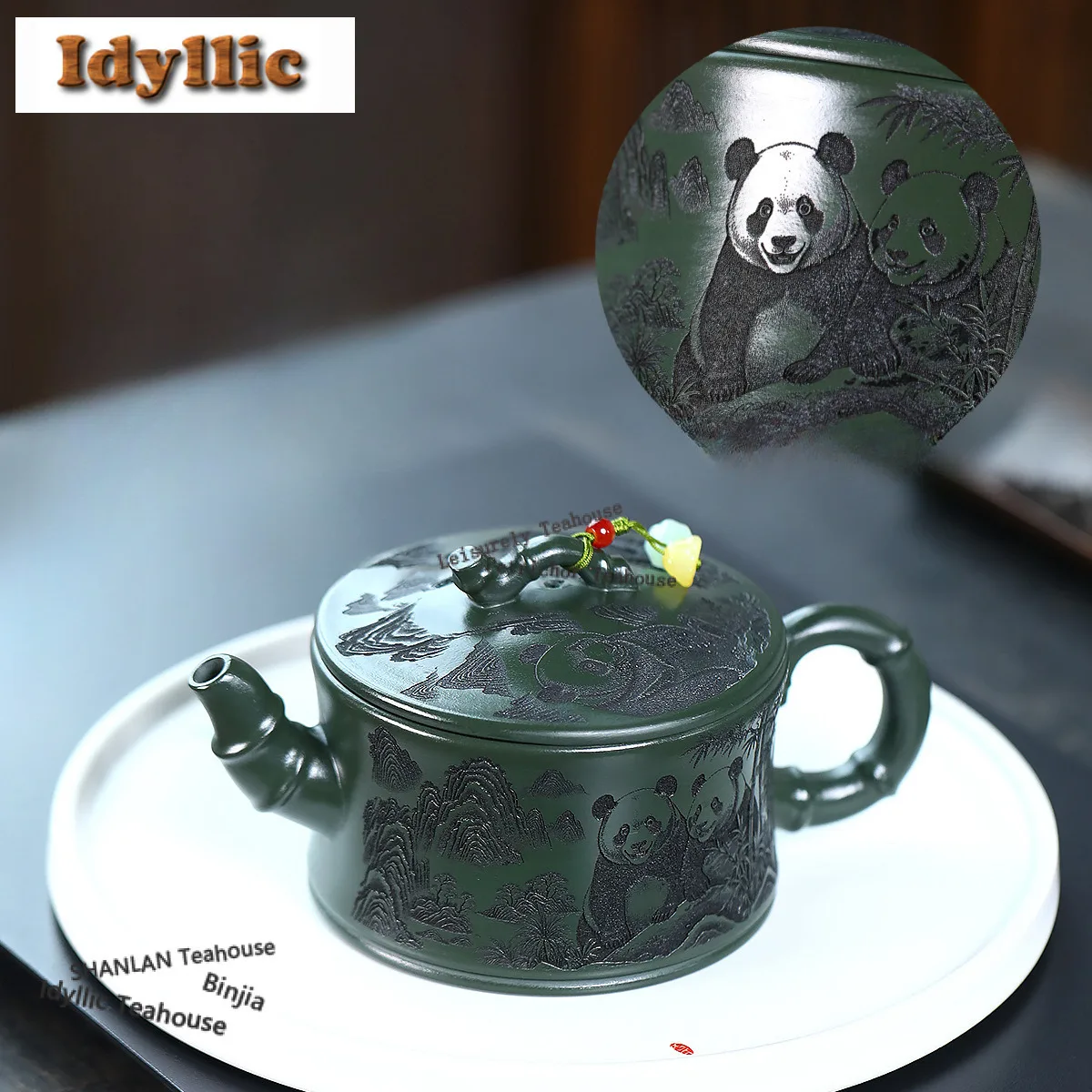 

330ml Yixing Purple Clay Teapots Handmade Panda Large Caliber Pot Raw Ore Green Mud Tea Making Kettle Zisha Tea Set Collection