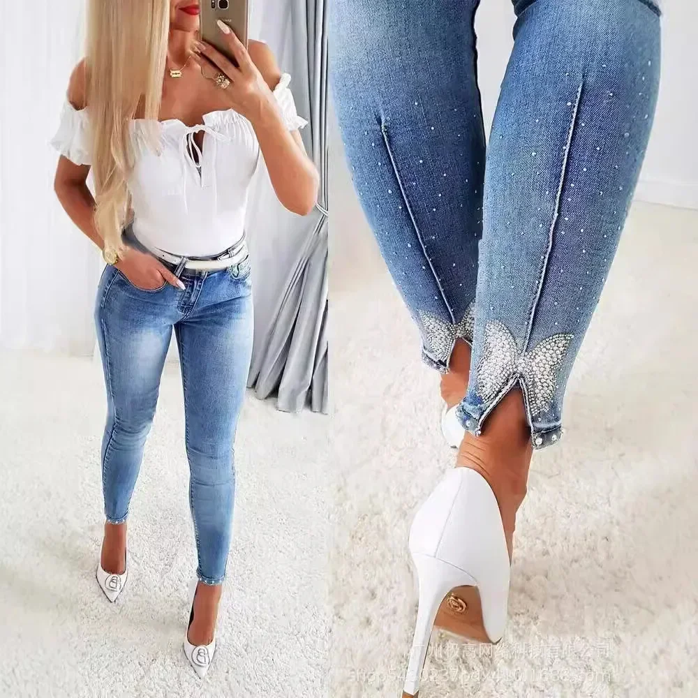 

Rhinestone Beaded Butterfly Pattern Split Hem Jeans Women High Waist Pencil Pants Denim Sexy Slim