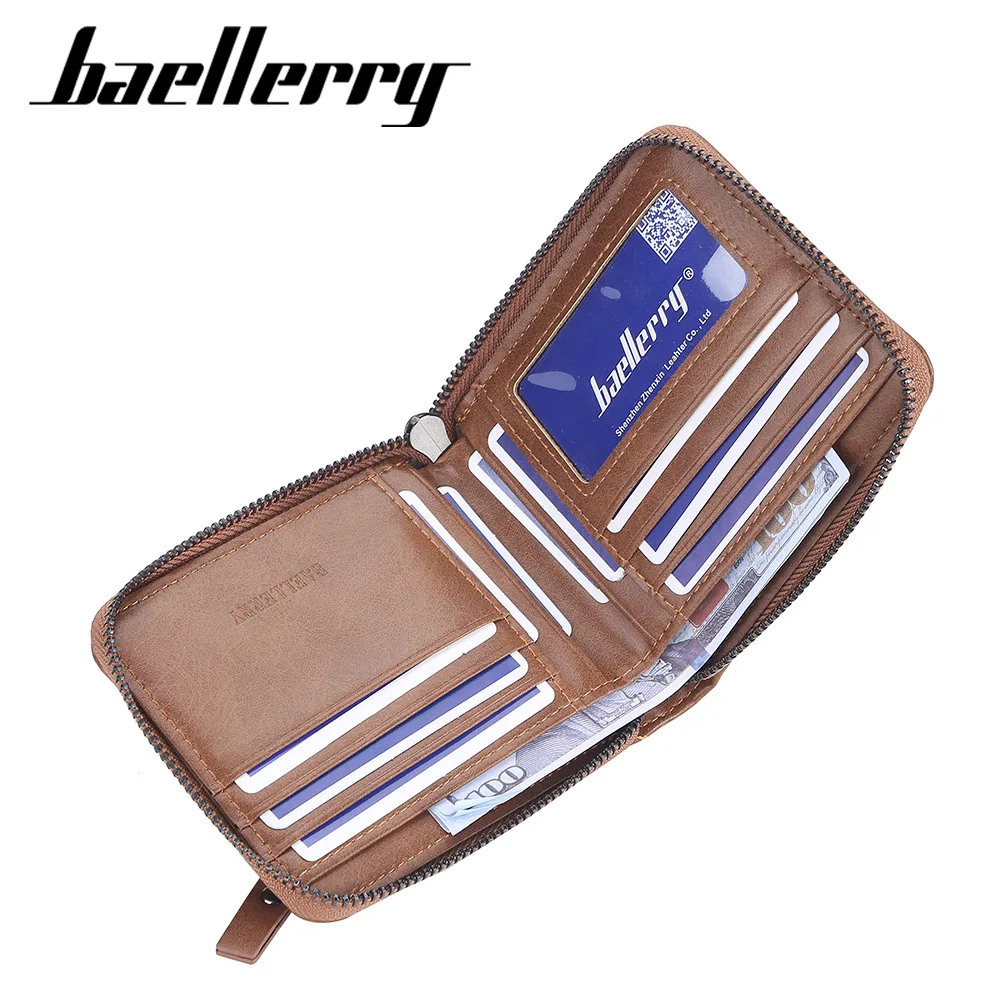 Baellerry-cartera corta de cuero Pu para hombre, billetera con cremallera Vertical, Vintage, juvenil, pequeña