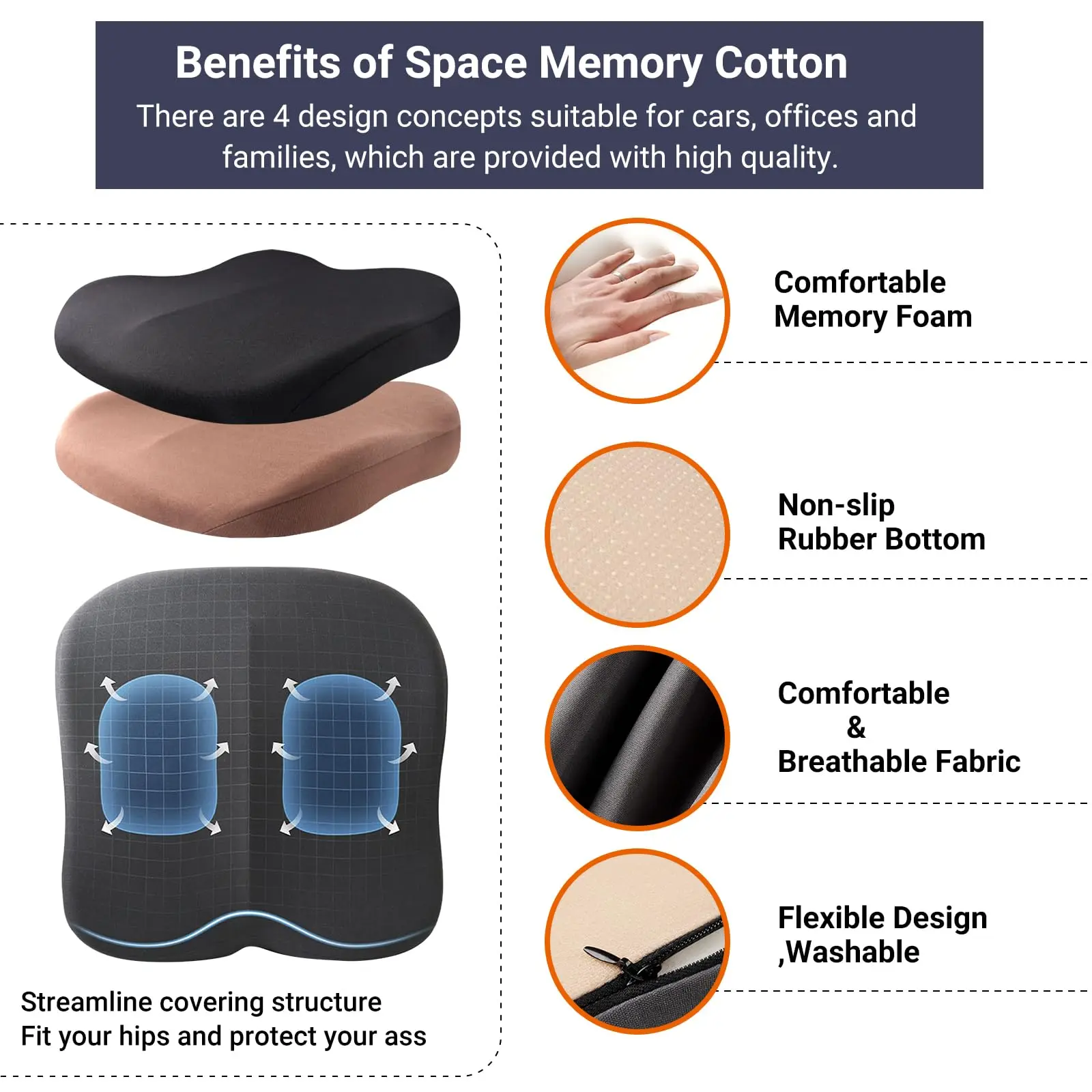 1pc Memory Foam Slow Rebound Support Cushion, Long Sitting Hip Protection Pad, Suitable for Office,Car,Chair Seat Cushion - view 5