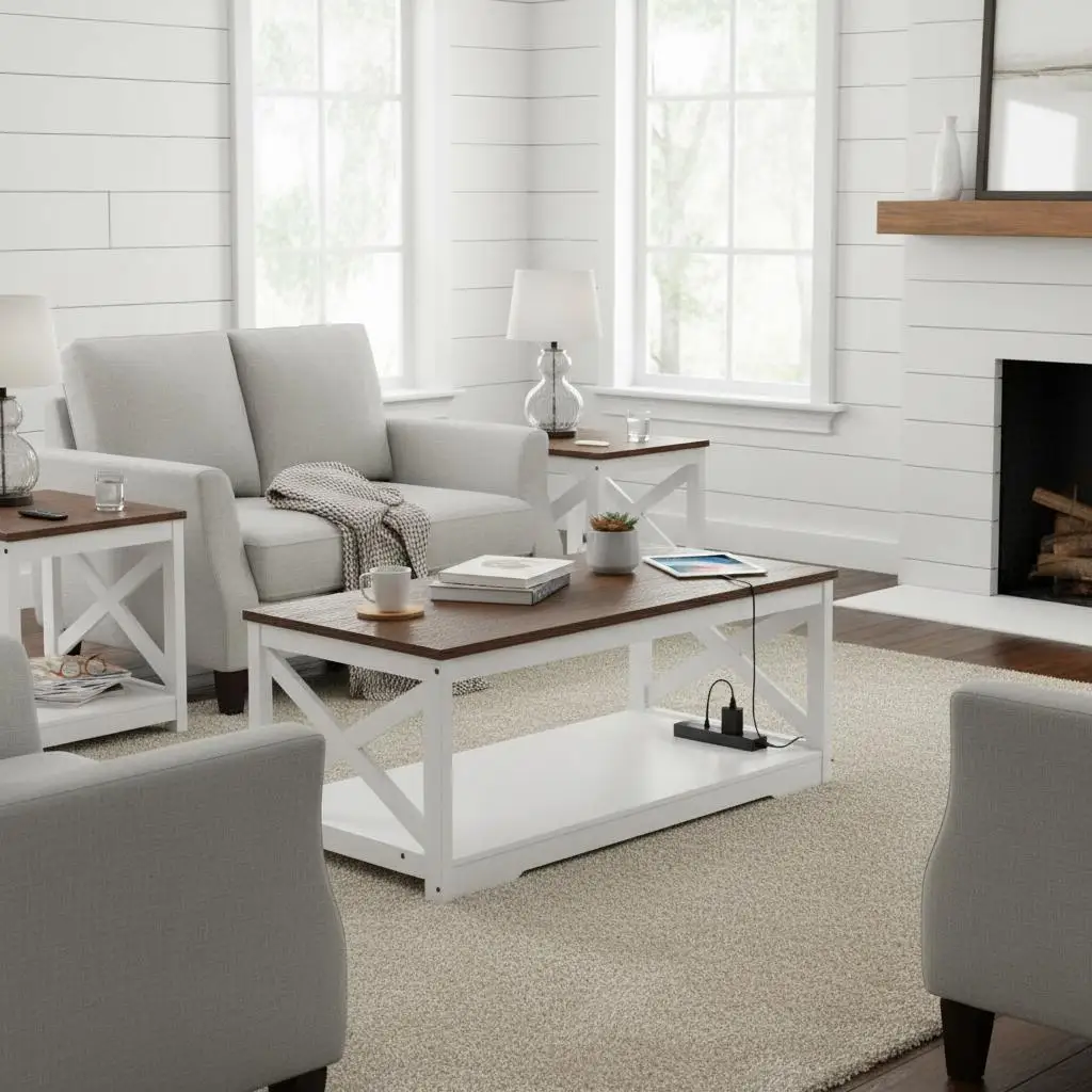 

Набор из трех деревянных столиков в деревенском стиле для гостиной, 40x22x18 дюймов, основная поверхность и два боковых модуля, центральный элемент для зоны отдыха, прочная конструкция