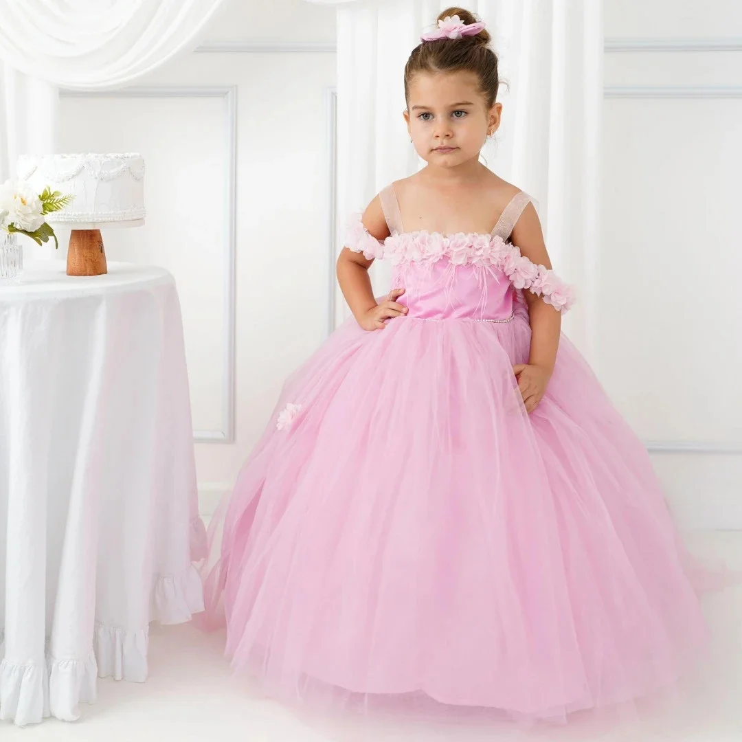 Vestido floral rosa personalizado para meninas, flores de tule com laço, sem mangas, para casamento, aniversário, comunhão, banquete, vestido de princesa