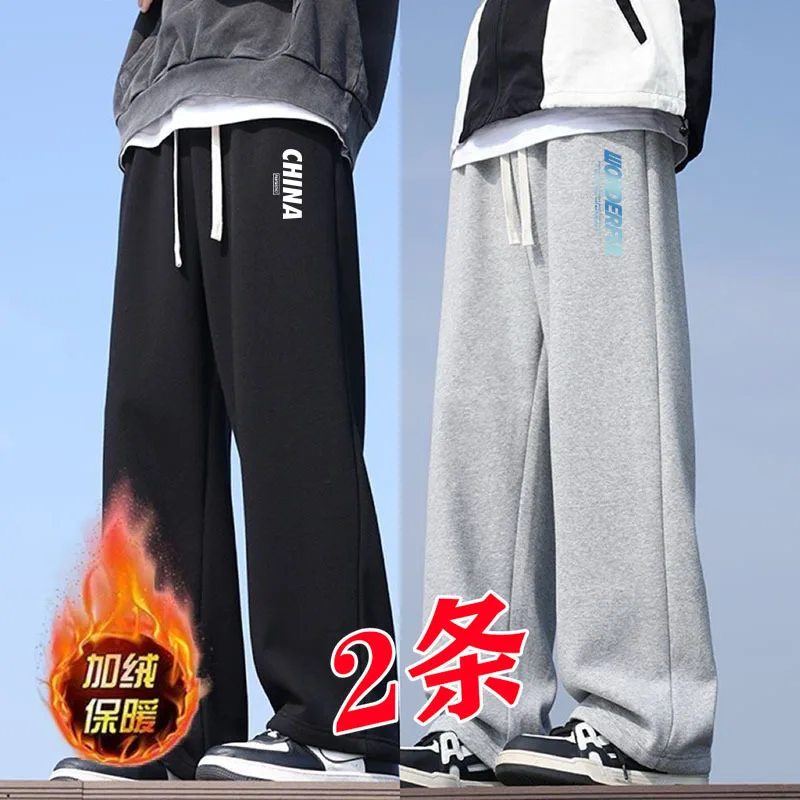 

Мужские зимние теплые эластичные брюки прямого кроя с флисовой подкладкой, больших размеров, свободные, модные, с принтом, повседневные брюки