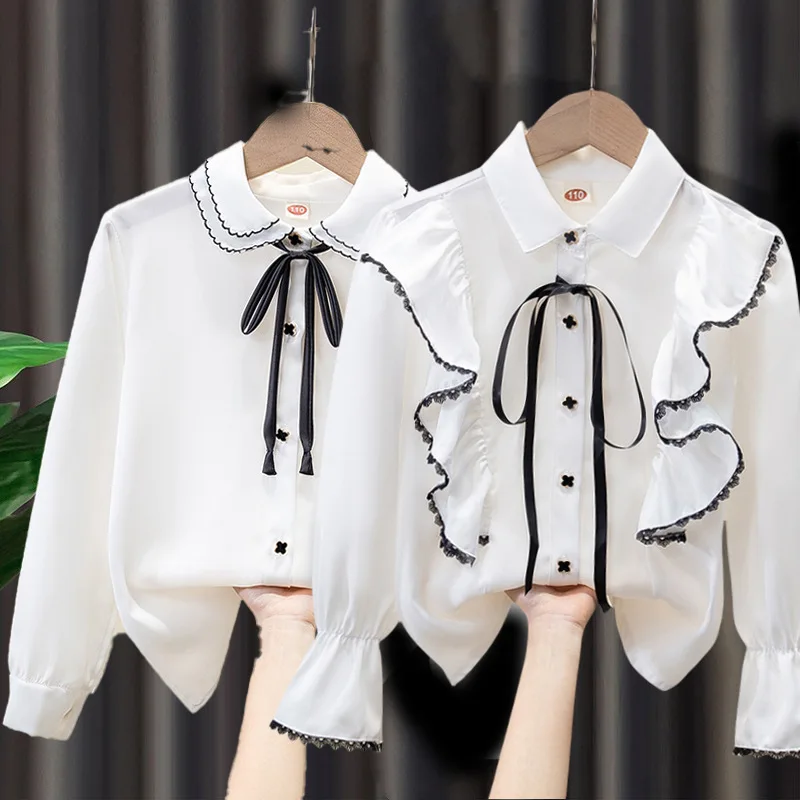 

Long Sleeve Baby Girls Blouses Spring Autumn Chiffon Kids White Shirts Leisure Teens Tops Children Clothes for 6 8 10 12 Years