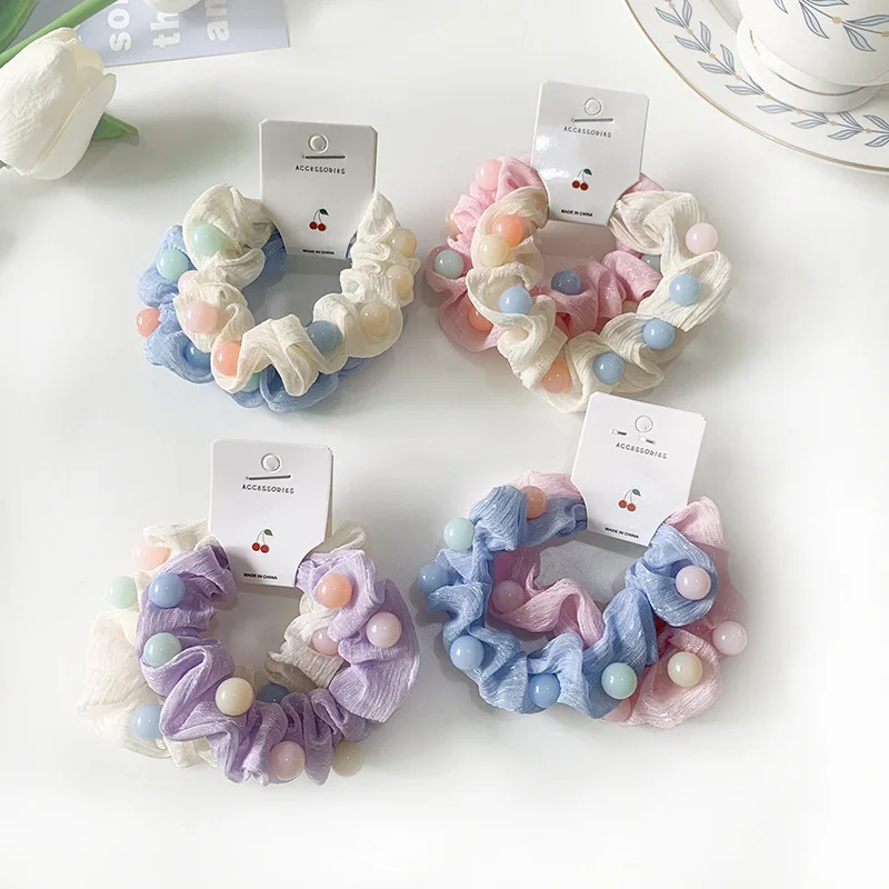 10Pcs/Lot Children Hair Accessories Beads Mesh Pin Elastic Hair Band Small Head Rope Candy Color Circle Headwear Girls Headdress