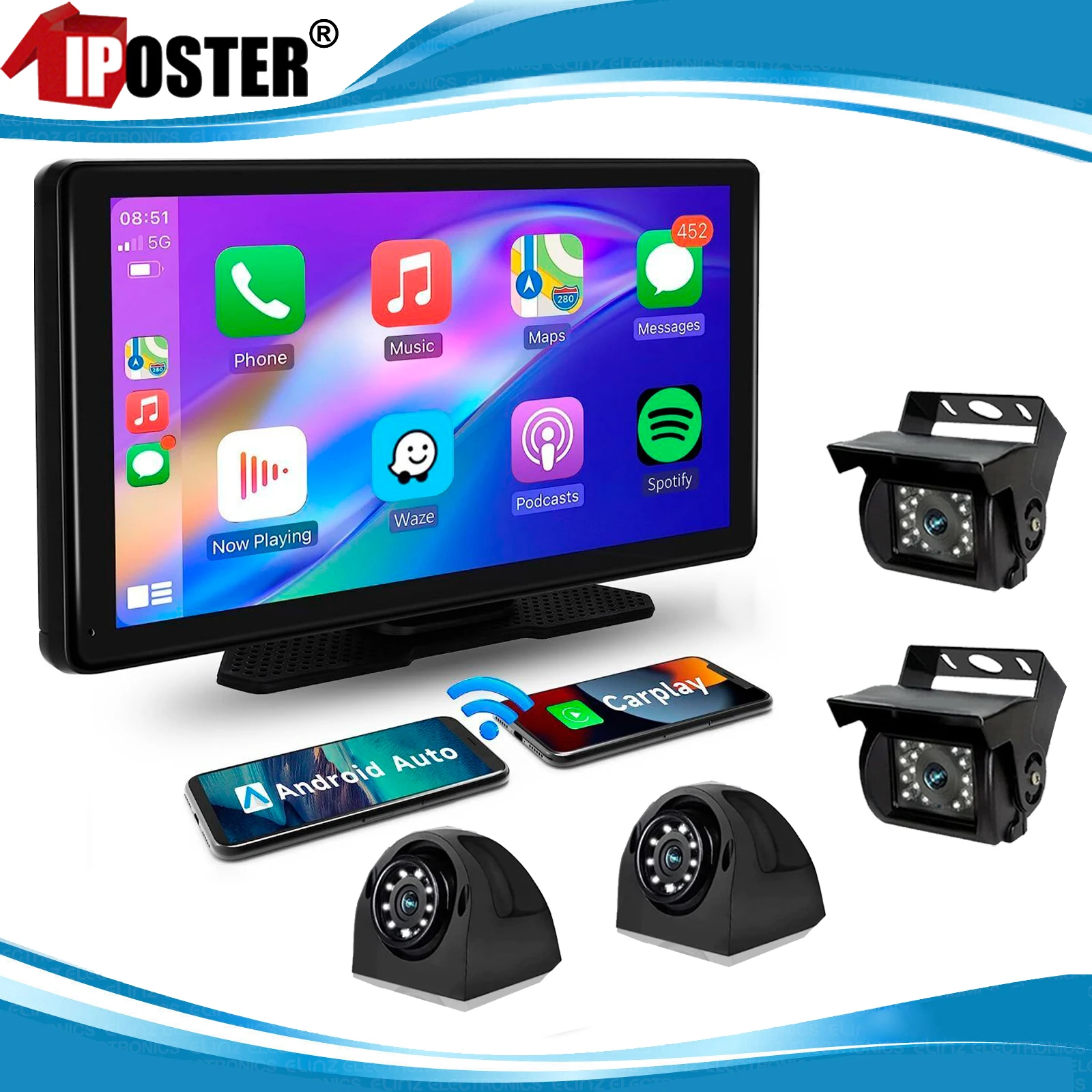 iPoster 10.36 Inch Wireless Carplay Monitor Android Auto Screen DVR Player FM Bluetooth 4x 1080P Front Sides Rear Cameras Truck