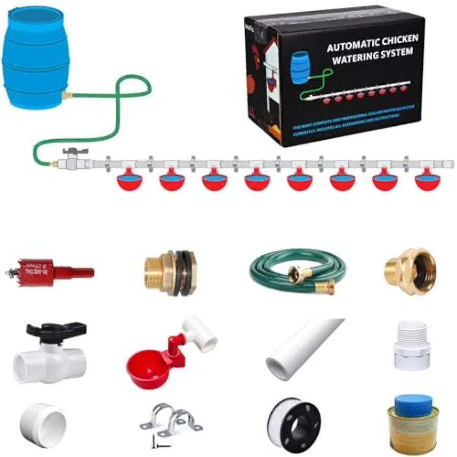

Automatic Chicken Watering System for Poultry Farming: PVC Pipe Kit in Gray Includes 1/2 Tee Fittings Pipe and Garden Hose for