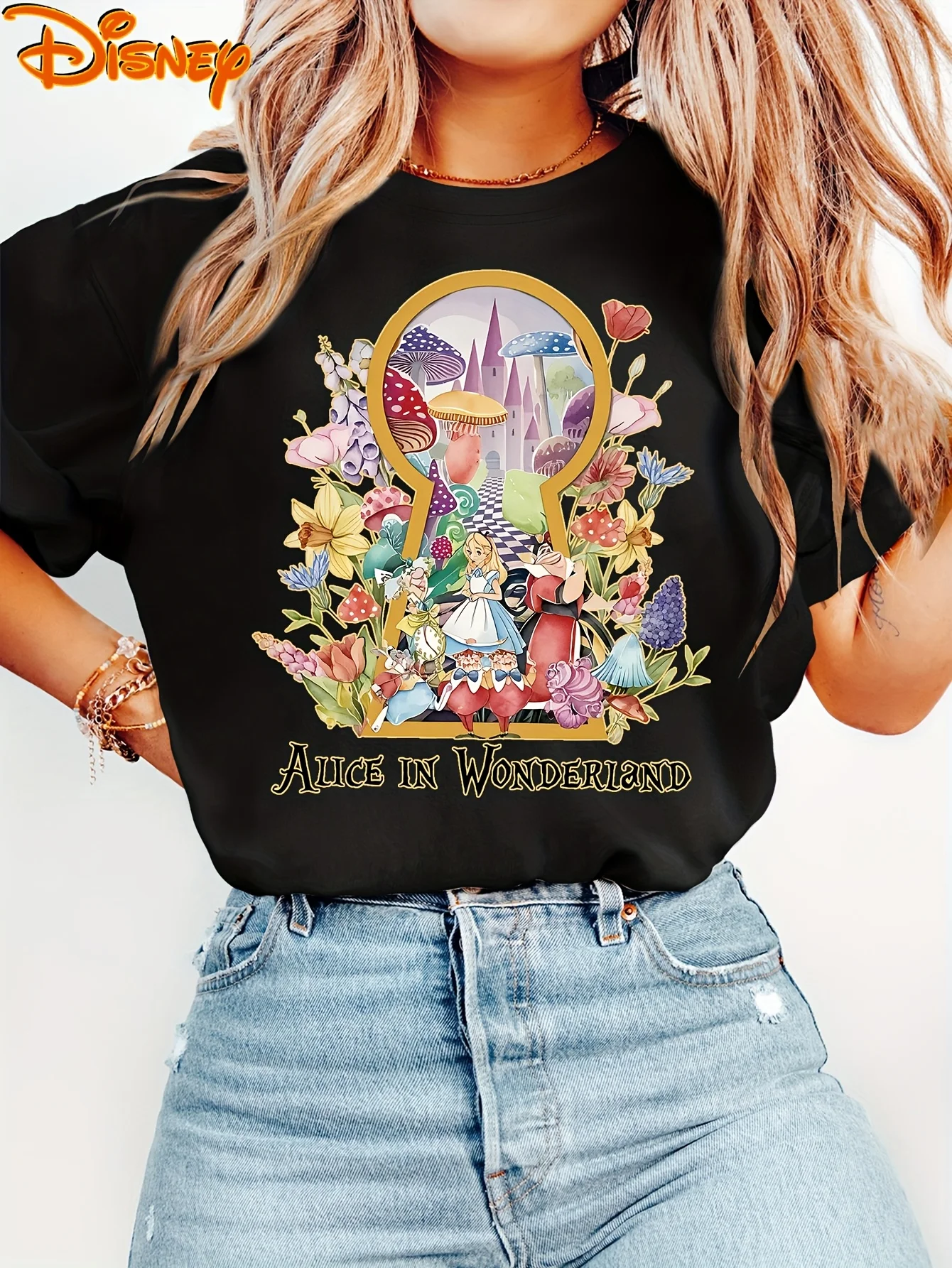 

Футболка Disney «Алиса в стране чудес», винтажная женская и мужская хлопковая футболка унисекс с коротким рукавом, повседневная уличная одежда для пар с коротким рукавом