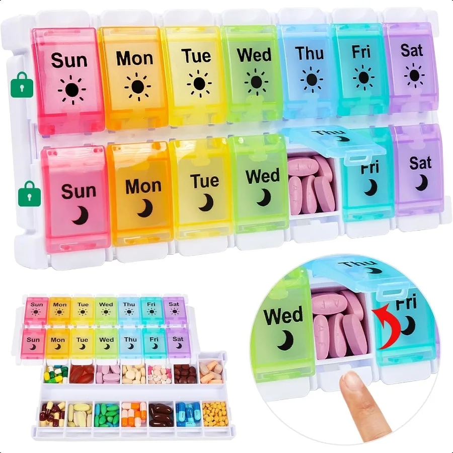 

Am Pm Pill Organizer 7 Day Push Button Weekly Pill Box 2 Times a Day Easy Fill Pill Holder Day Night Vitamin Case for Medicatio