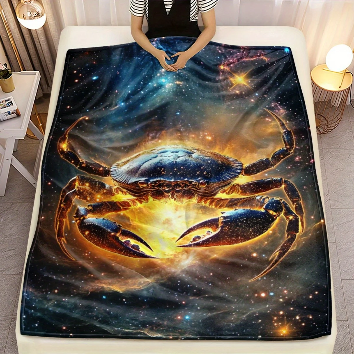 Cosmic Crab Zodiac Cancer Galaxy Space Print Flannel Blanket Astrology Art Soft Cozy Throw Cover Starry Night Sky Decor Blanket