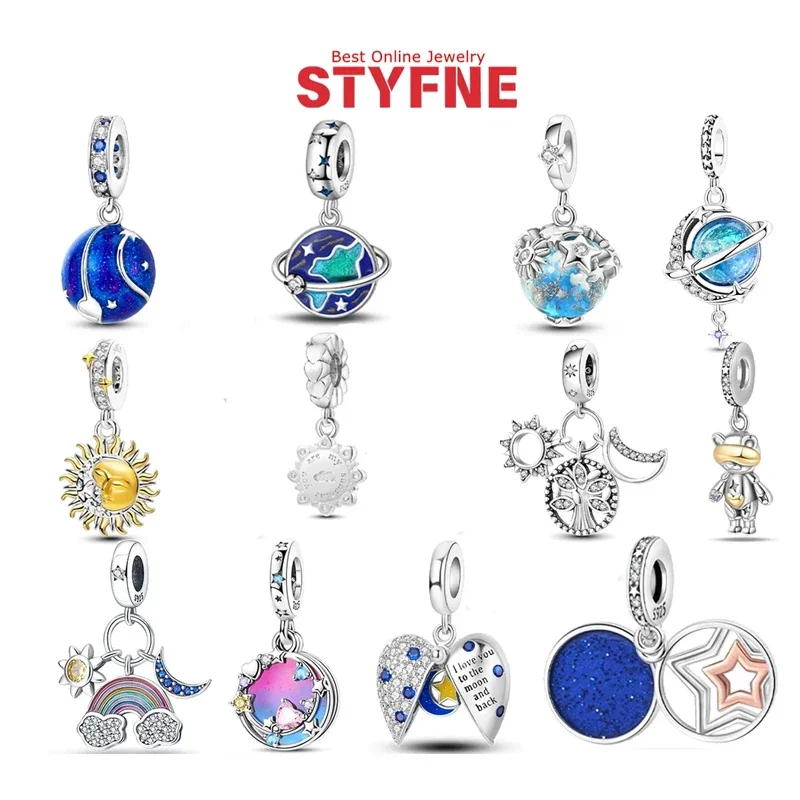Silver-Plated Blue Moon Star Globe Charms Beads Fit Original Bracelets Bag Keychain Charms Beads Pendant Diy Women Jewelry Gift