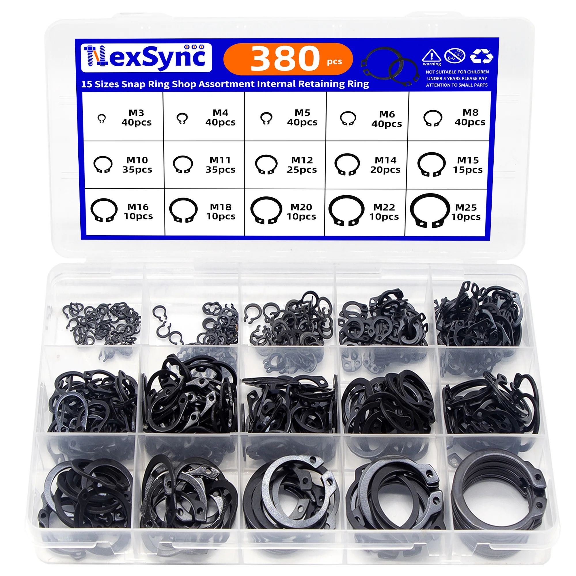 380Pcs External Retaining Rings Snap Rings Assortment Kit, External C-Clip Set Carbon Steel, 15 Sizes Circlip Snap Rings