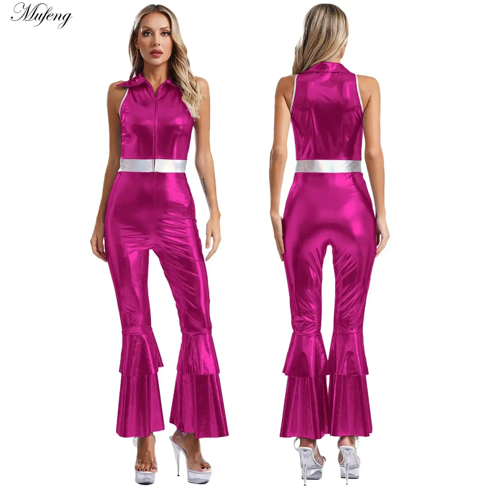 Women 70s Disco Costume Shiny Metallic Jumpsuit Sleeveless High Waist Flared Bodysuit Retro Hippie Party Singer Jazz Dancewear