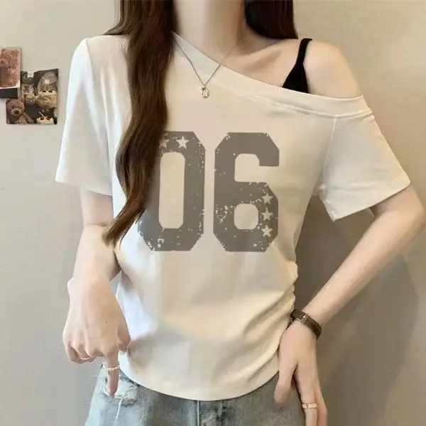 Number Print Korean Fashion T-shirts Women Tops Off Shoulder Loose Tees Shirts Casual Vintage Y2K Cheap Clothes Woman Tshirts