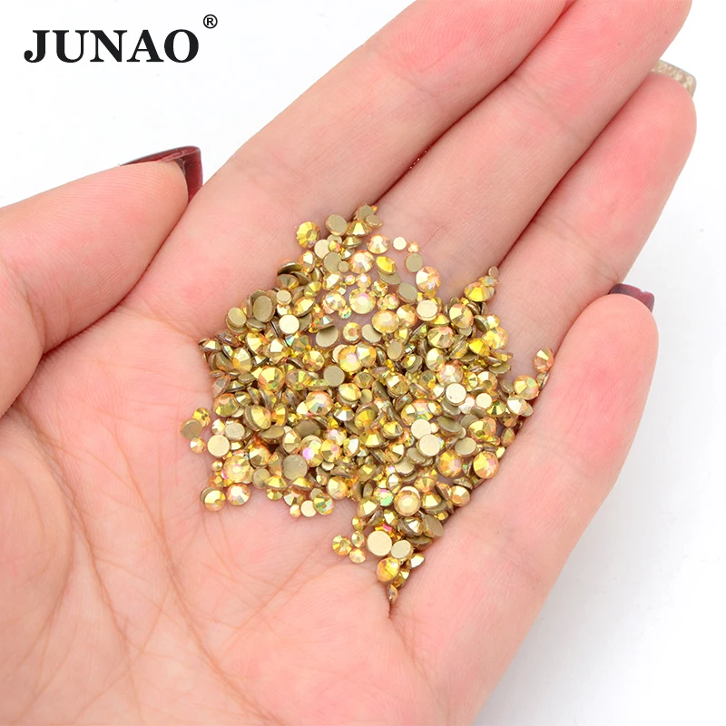 JUNAO 1440pcs Mix Size SS3-SS12 Gold Sunlight Nail Glass Rhinestones Flat Back Crystal Stones Non Hot Fix Strass For DIY Crafts