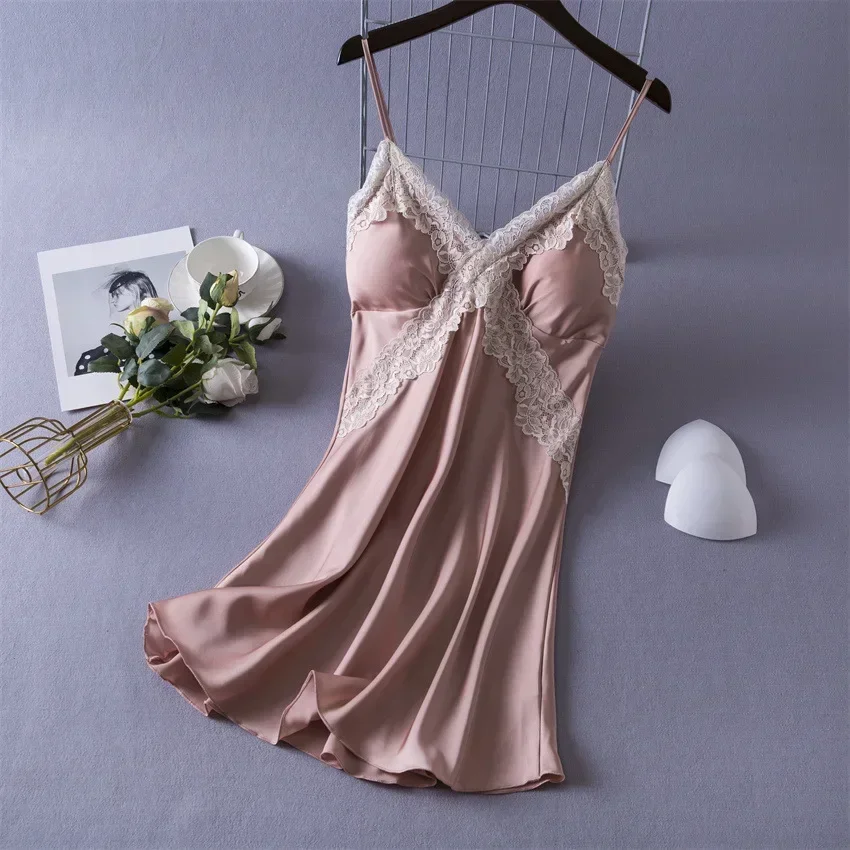 Daeyard vrouwen Sexy Lingerie Satijnen Nachtjapon Zijde Chemise V-hals Neglige Nachtkleding Kanten Babydoll Sleepshirt Nachtjurk