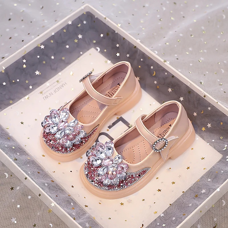

Fashion Girls Princess Shoes Baby Girls Blue Crystal Mary Jane Wedding Shoes Square Heel Leather Dance Shoes 4-10Y Autumn Spring