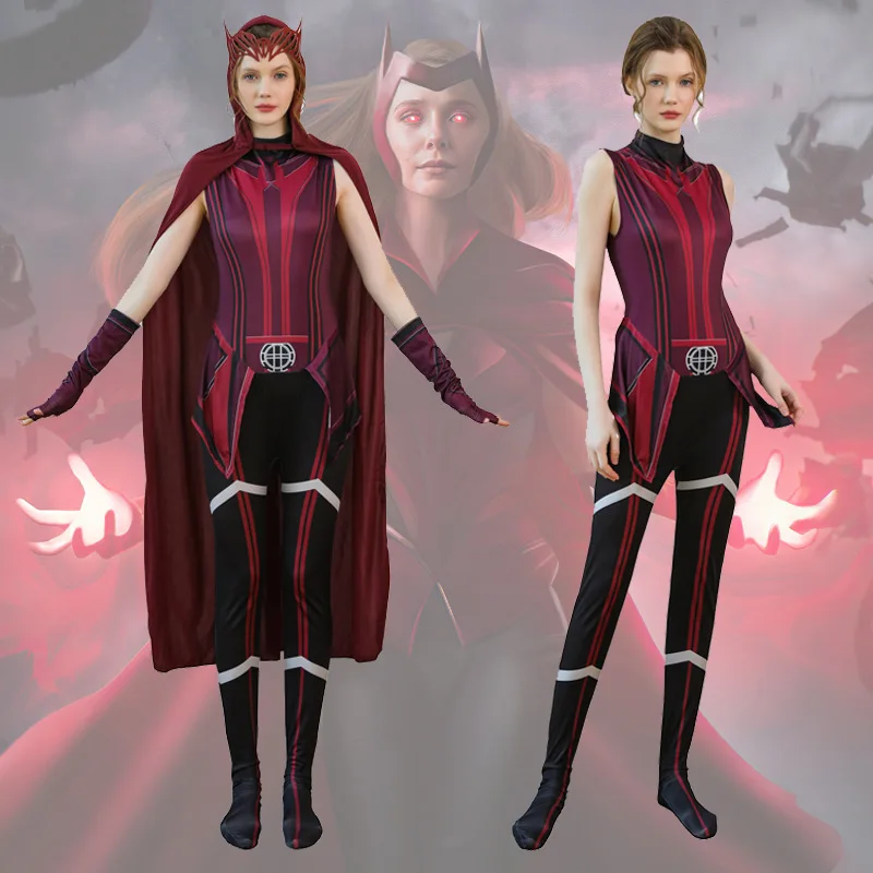 Scarlet Cosplay Witch Maximoff Wanda Vision Cosplay Costume Headwear Cloak and Pants Full Set Outfit Halloween Accessories Props